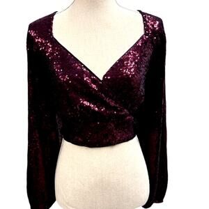 LULUS Half Blouse Top,Sequins.Bishop Sleeve, Zipper BackPurple,Fairy,Goth